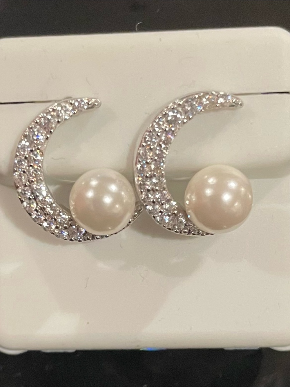 Silver Crystal Crescent faux Pearl Stud Earrings set in 925 sterling silver